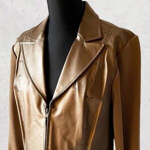 Nygard Collection Gold Leather/Knit Blazer Women's Medium Zip Front Collar Studs